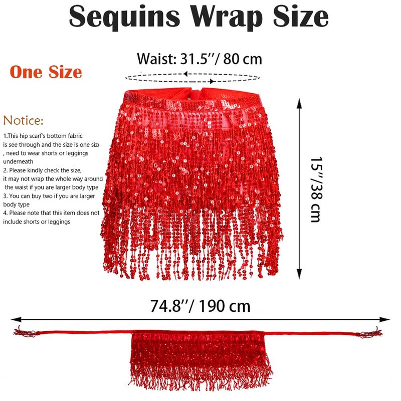 Fenyong Women's Sequin Tassel Skirts Sparkly Rave Fringe Hip Scarf for Festival Costume(Red) - Image 4